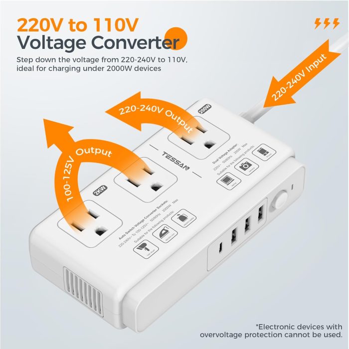 220V to 110V Voltage Converter, TESSAN Universal Travel Adapter with 4 USB Charger (1 USB C), 3 AC Sockets and EU/UK/AU/IT Plug Power Adaptor, Step Down Transformer Outlet Converters for International - Image 8