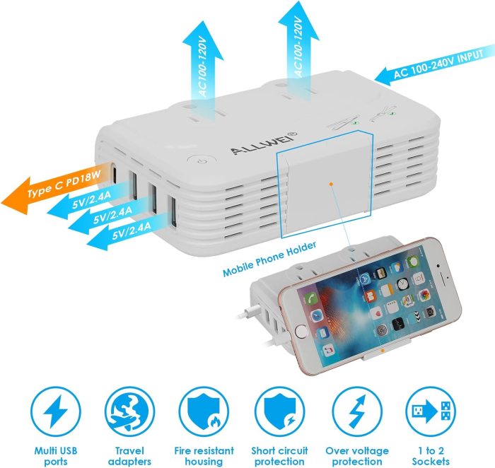 ALLWEI International Travel Adapter 220V to 110V Power Voltage Converter for Hair Straightener/Curling Iron, Universal Power Plug Adapter UK, US, AU, EU, IT, India (White) - Image 4