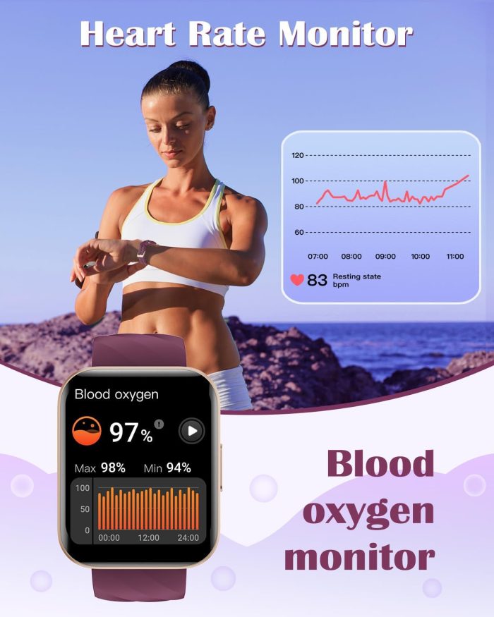 RUIMEN Smart Watches for Women Men (Answer/Make Calls) Compatible with iPhone/Android Phones, 1.85" HD Screen Fitness Tracker Heart Rate Monitor 100+ Sports Tracker Watch Waterproof (Purple) - Image 5