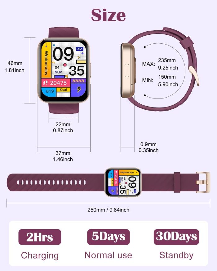RUIMEN Smart Watches for Women Men (Answer/Make Calls) Compatible with iPhone/Android Phones, 1.85" HD Screen Fitness Tracker Heart Rate Monitor 100+ Sports Tracker Watch Waterproof (Purple) - Image 8